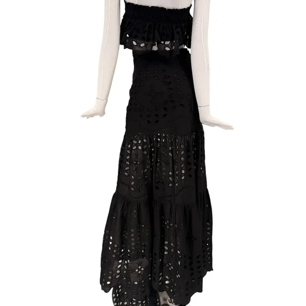 Luxxel Palm Chains Eyelet Embroidered Two Piece Maxi Skirt Set Black Women's S